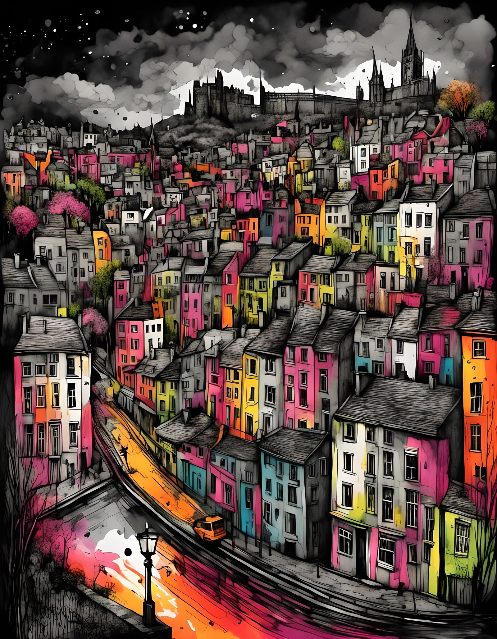 Edinburgh Street Art Illustration on Black
