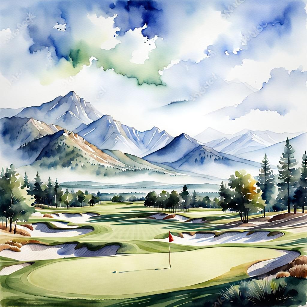Watercolor Golf Fairway with Mountain View