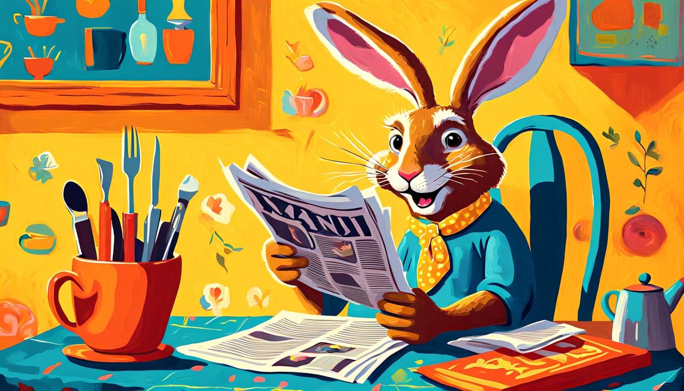 Laughing Rabbit Reads Newspaper: Whimsical Folk Art