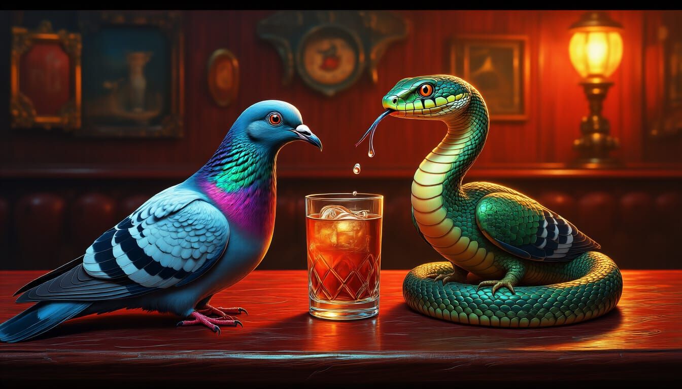 Pigeon and Snake Drink in Surreal Saloon