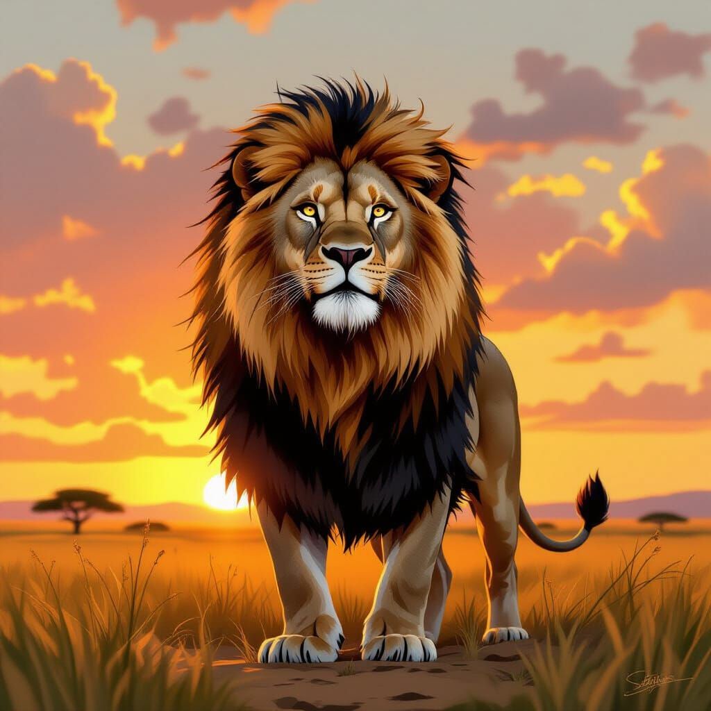 Majestic Lion in Savannah at Sunset