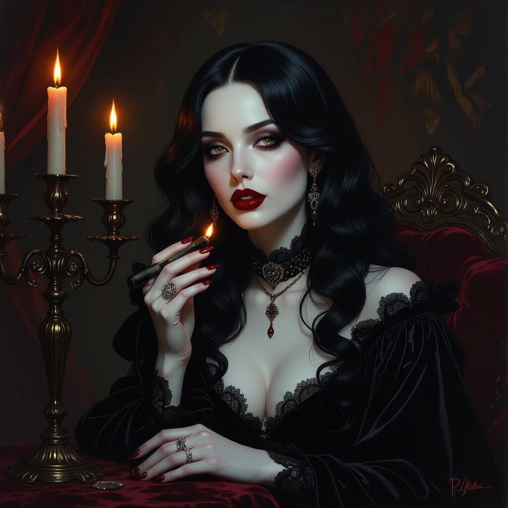 Vampire Woman in Gothic Chamber with Chiaroscuro Lighting