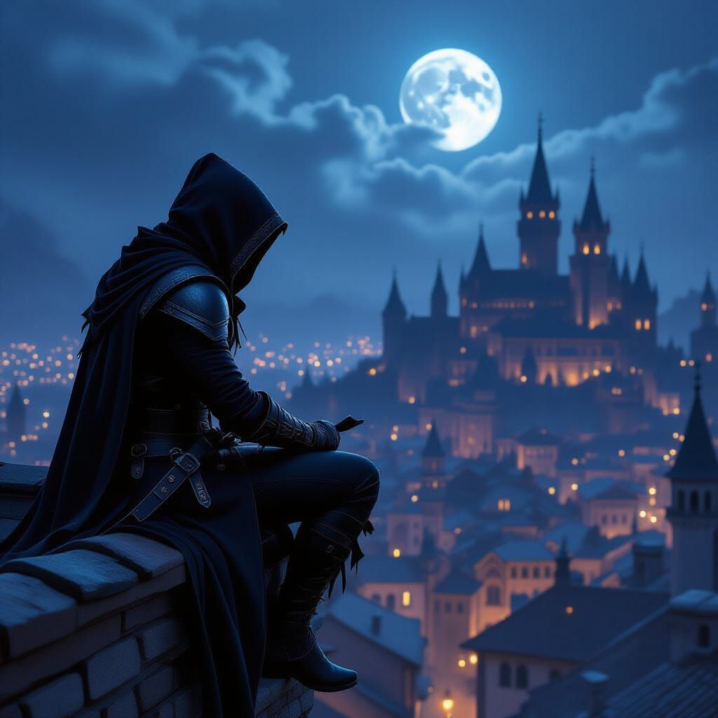 Assassin on Gothic Rooftop Overlooking Medieval City at Dusk