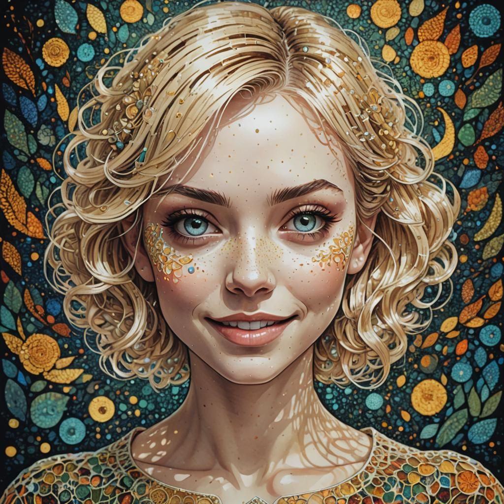 Colorful Pointillist Portrait of a Smiling Woman