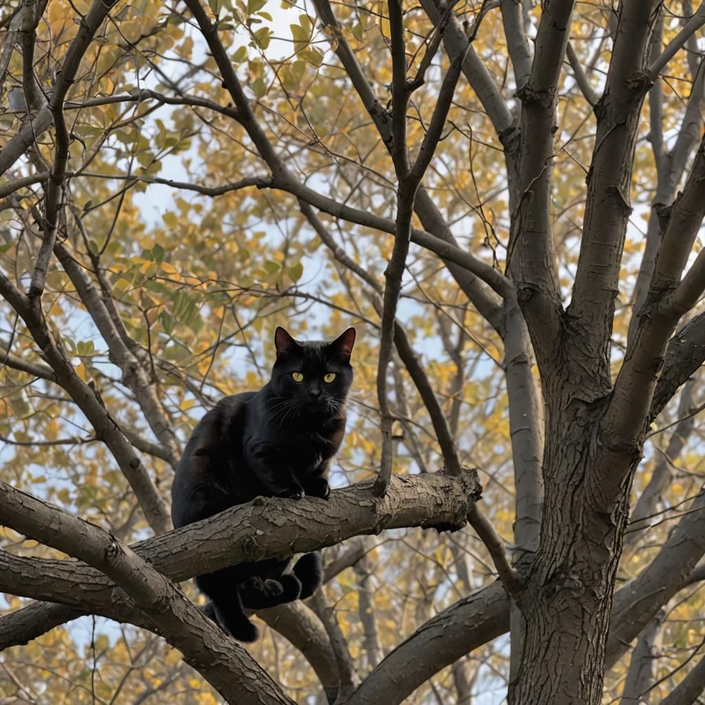 Black Cat in Tree, Afternoon Sunlight