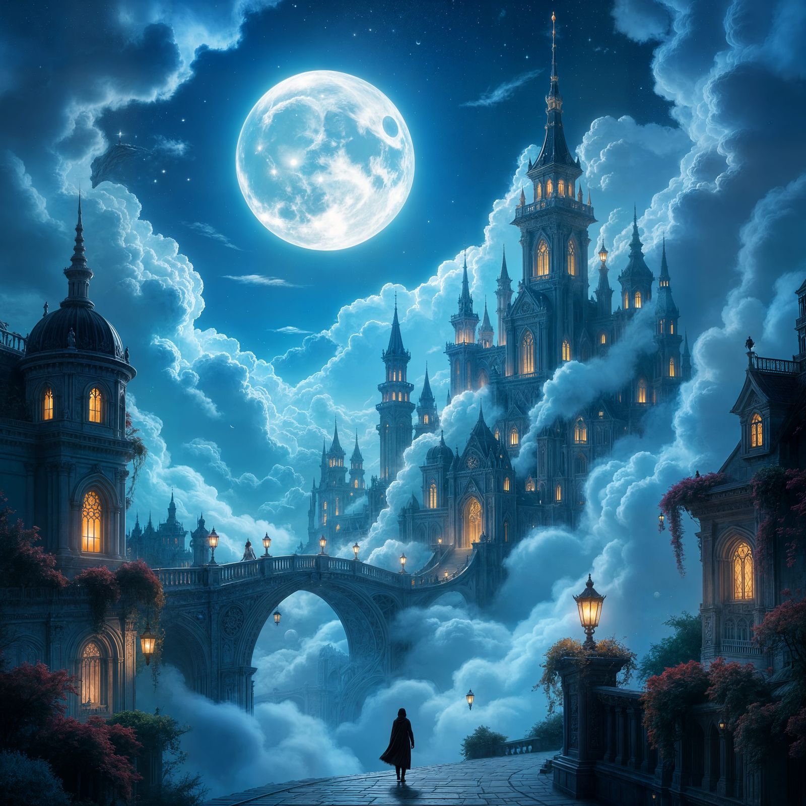 Dreamlike Celestial Cityscape Under a Full Moon