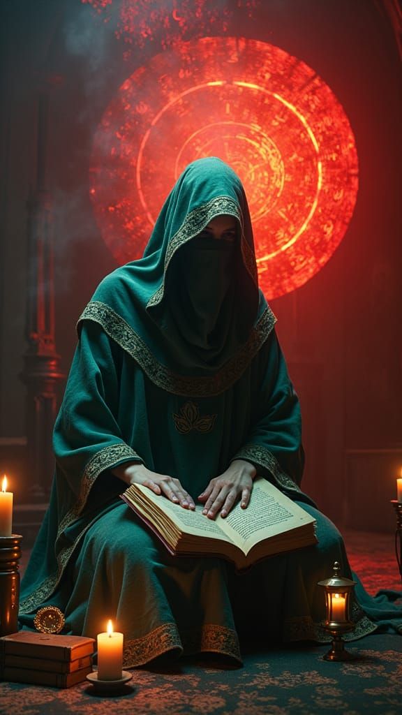 Mystical Figure in Realm of Light and Ancient Texts