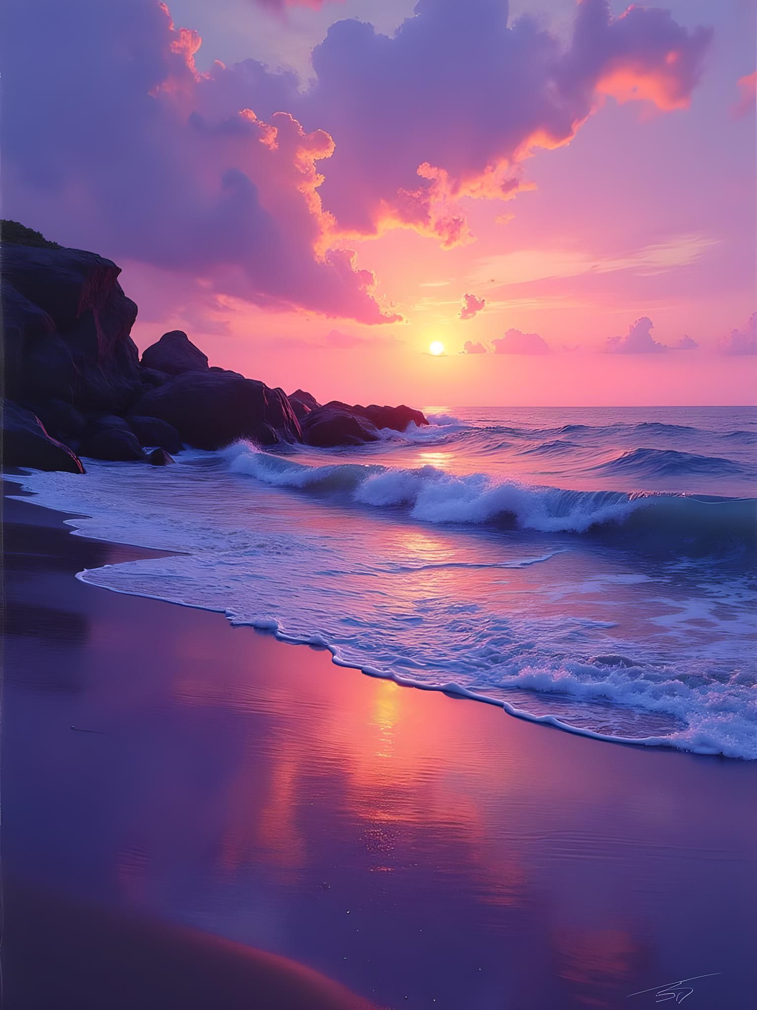 Purple Sunset Beach Scene in Abstract Art Style