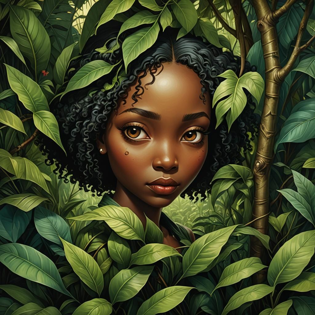 Young Woman Hiding in Jungle, Lacombe-Inspired Art