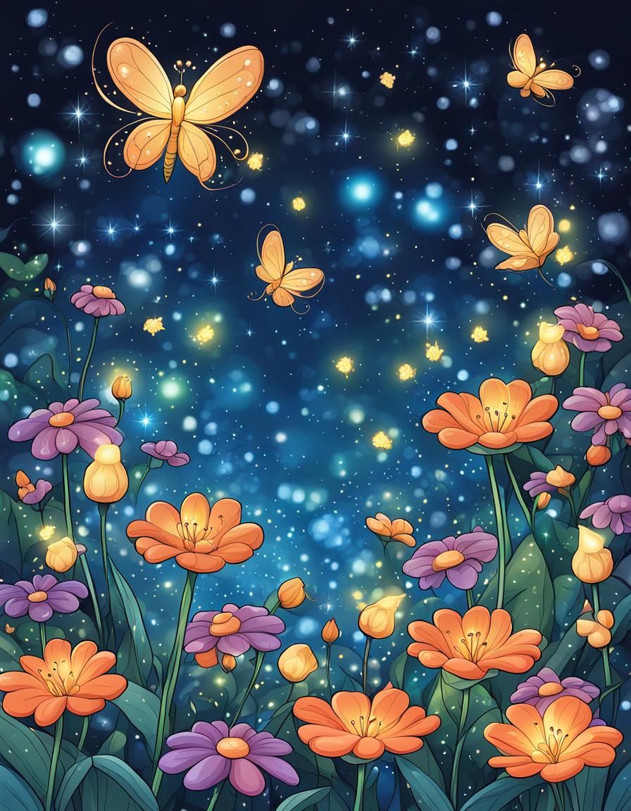 Magical Fairy Flowers with Fireflies, Cartoon Style