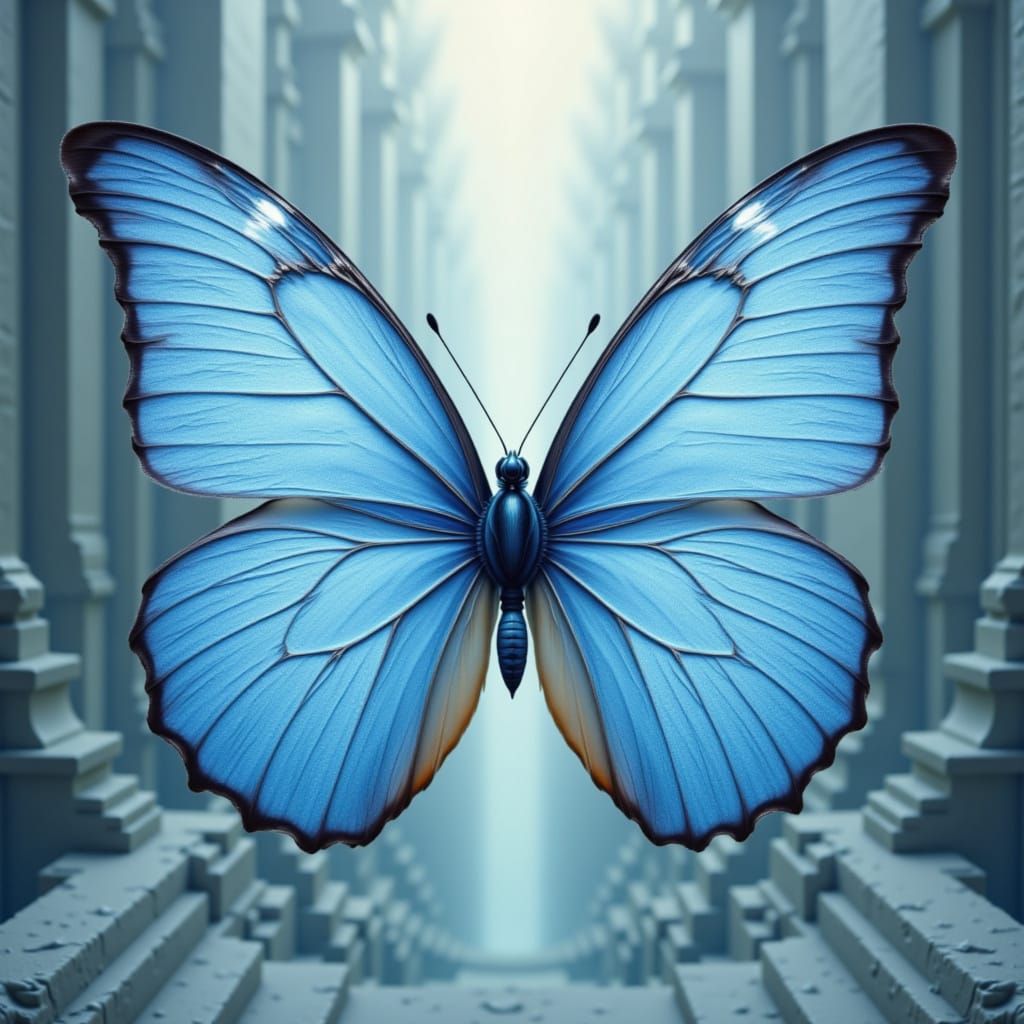 Light Blue Butterfly in Escher-Inspired Surreal Architecture