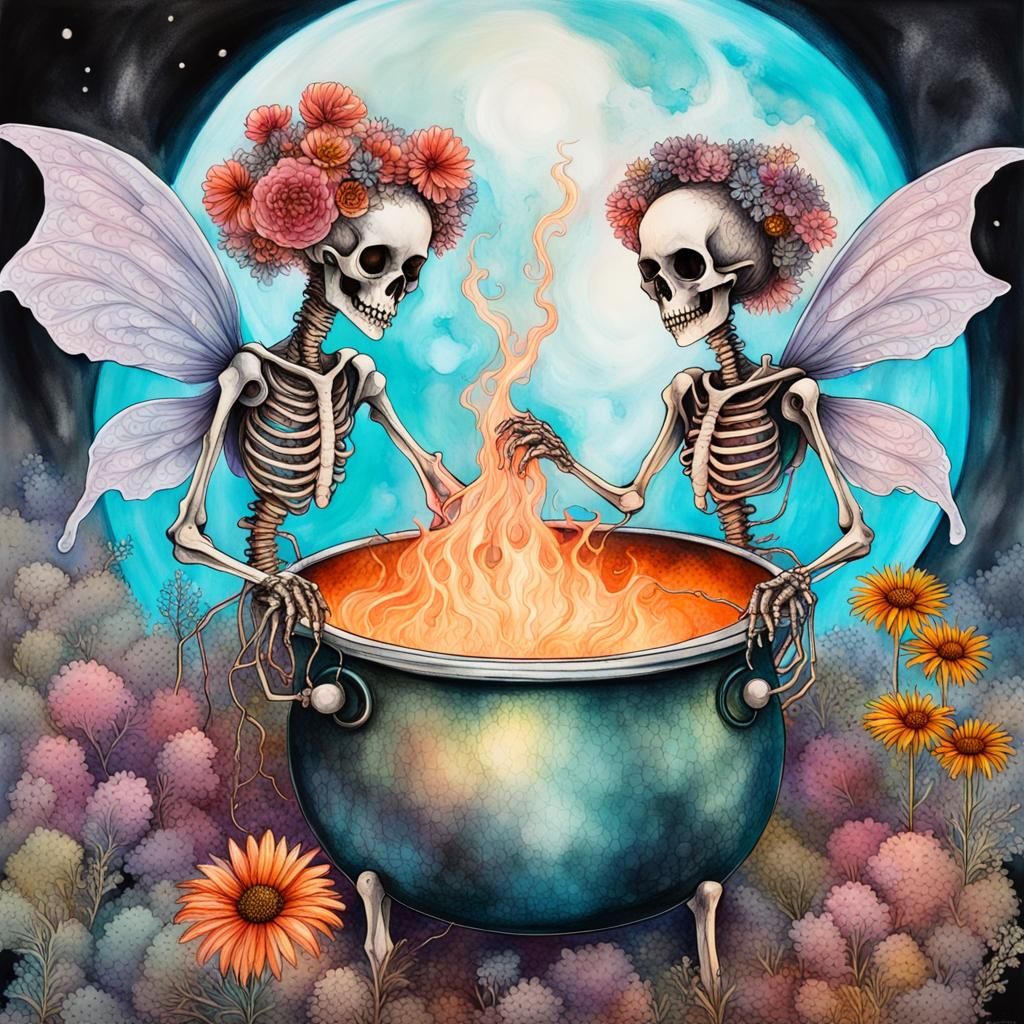 Skeletal Fairies Brew in Colorful Fairycore Collage