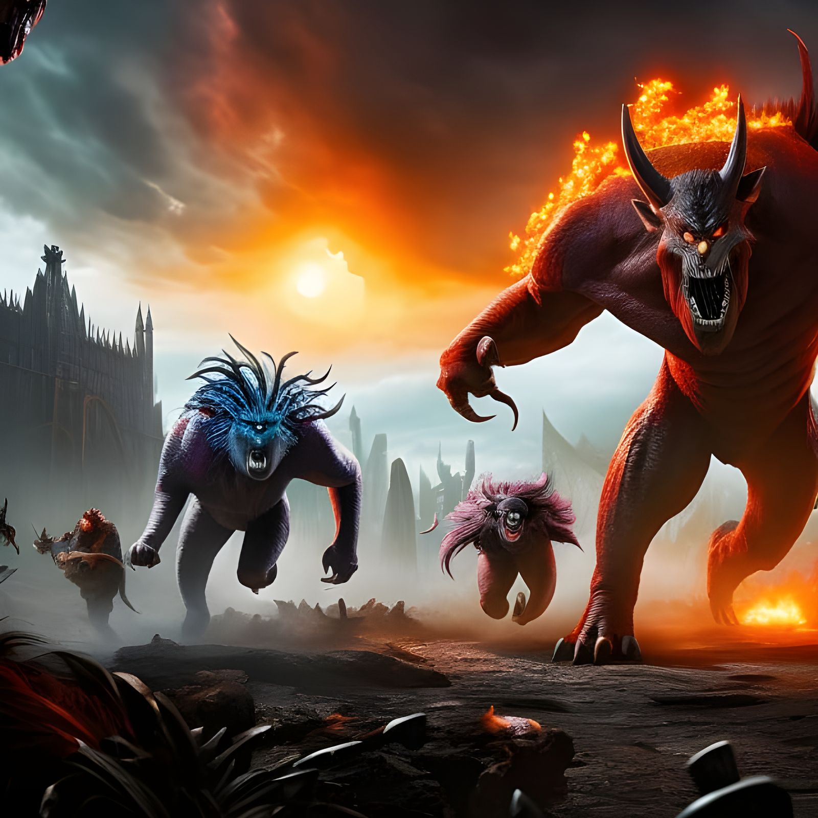 Mystical Creatures Fleeing Horrible Humans in Dark Fantasy