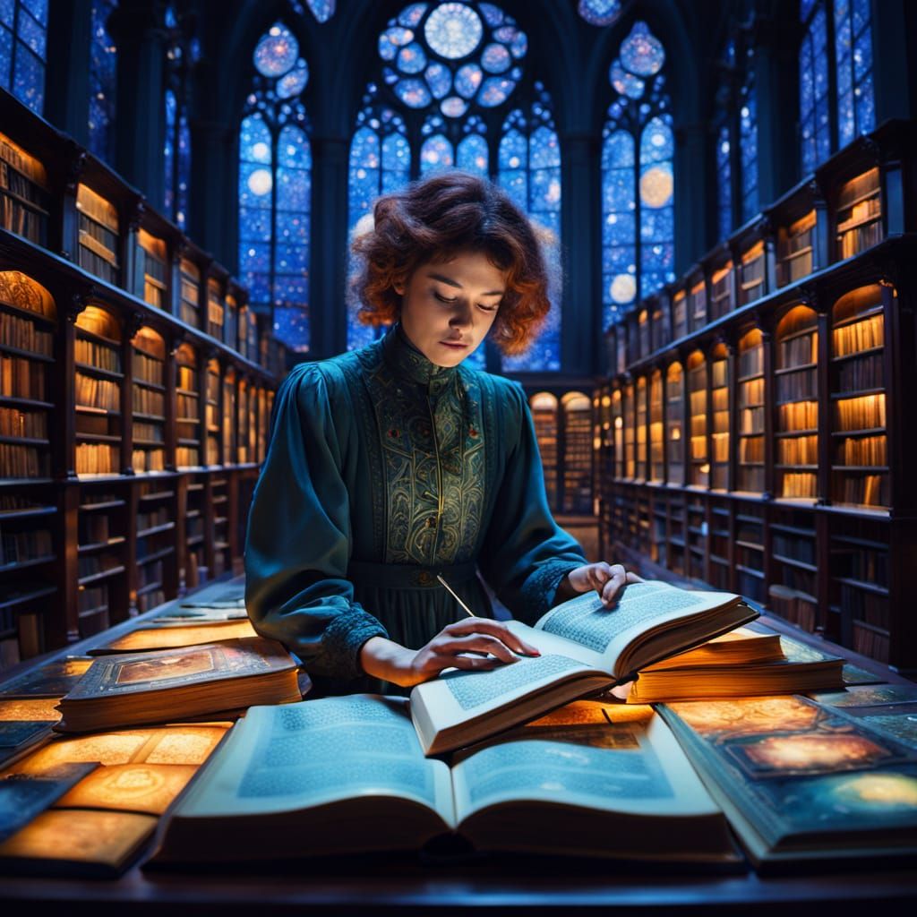 Celestial Librarian in a Dreamlike Library