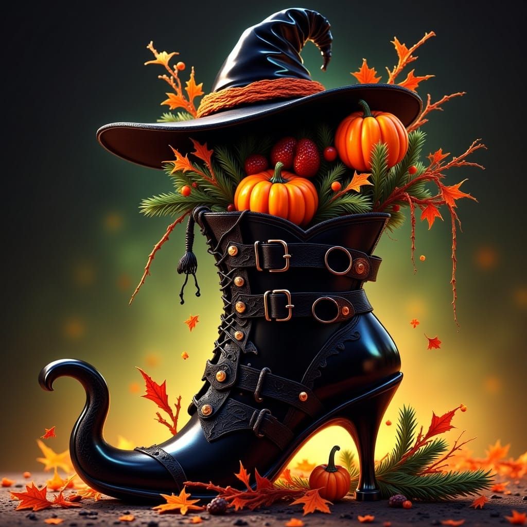 Whimsical Witch Boot Filled with Autumn Elements