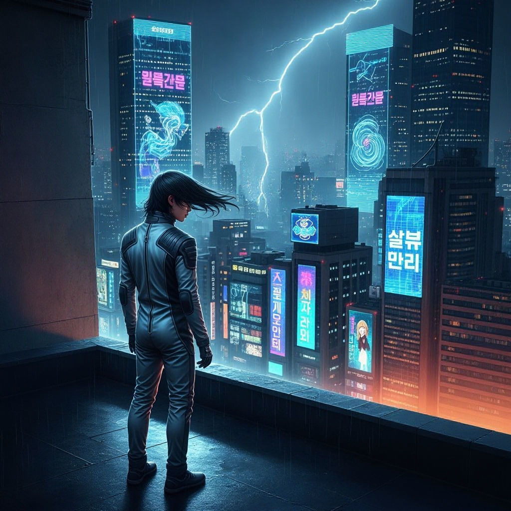 Futuristic Teenager Overlooking Neon Seoul at Night