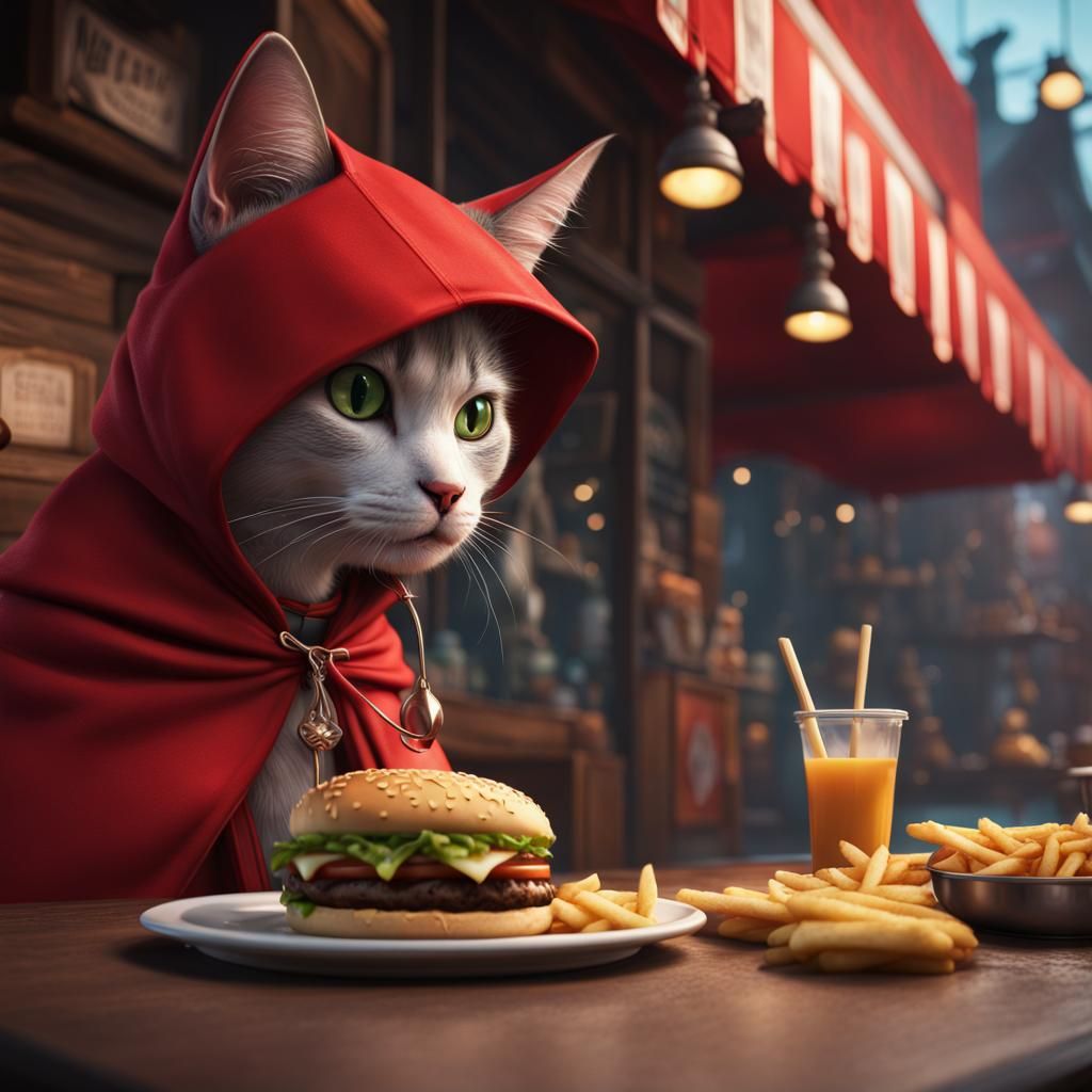 Cat Red Riding Hood at Burger Shop