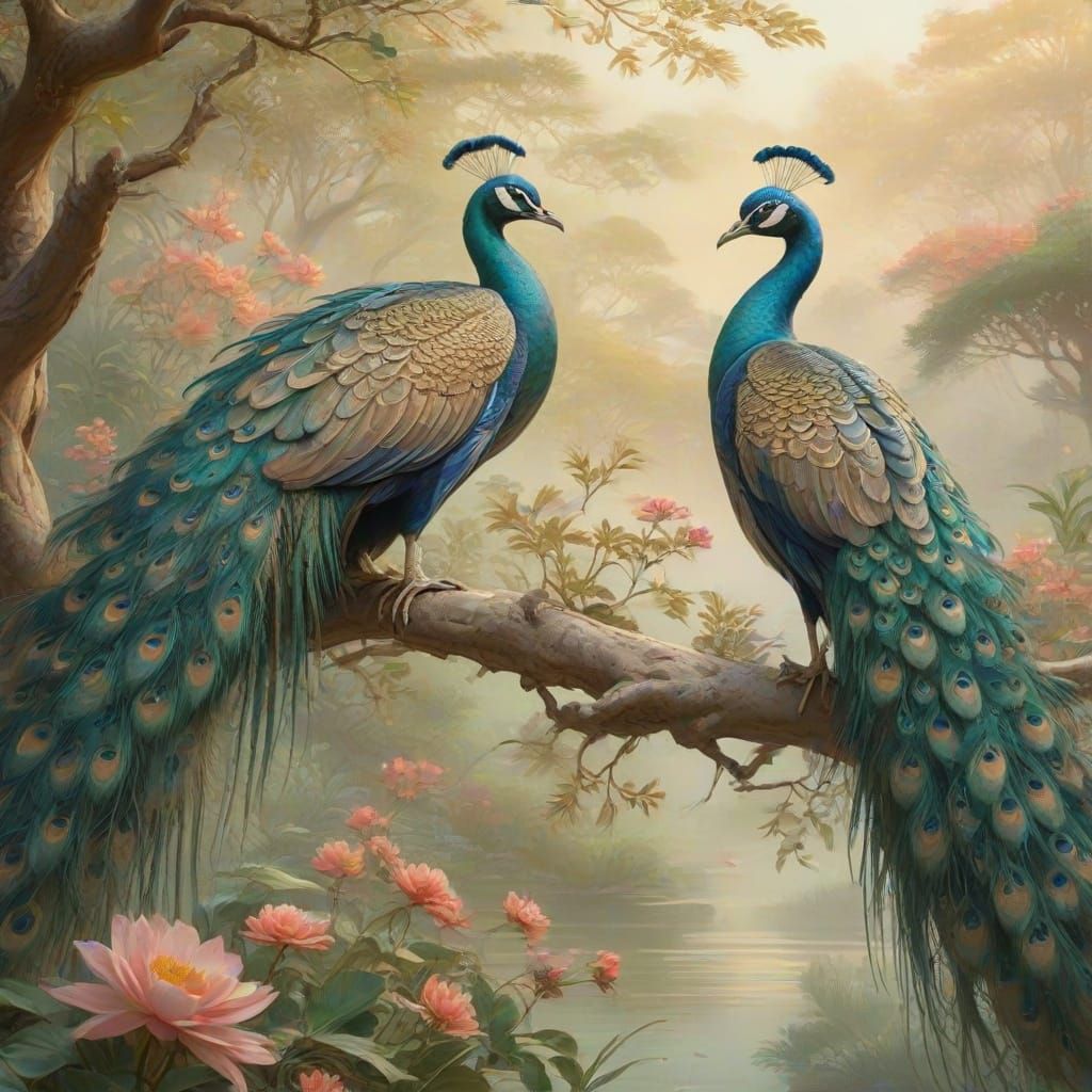 Elegant Peacocks in an Oriental Garden