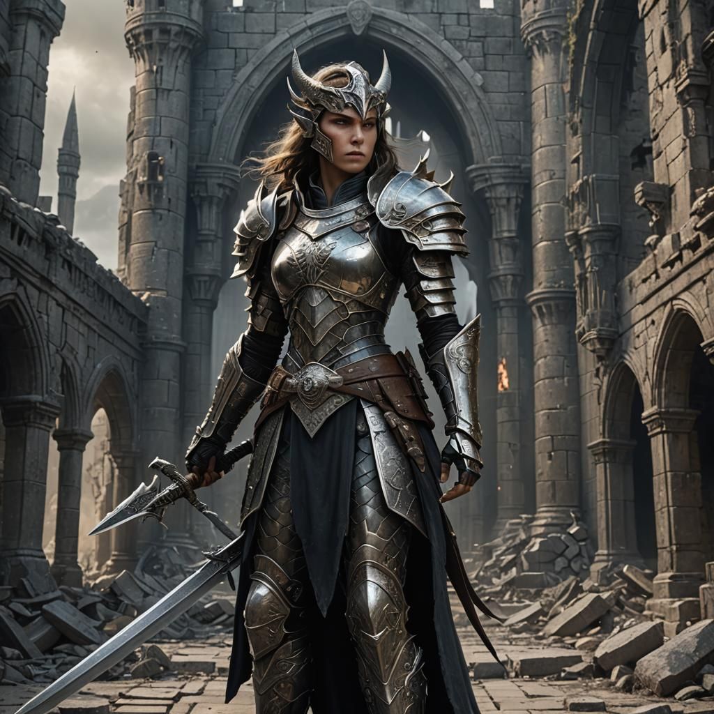 Confident Dragonborn in Ruined Castle Courtyard