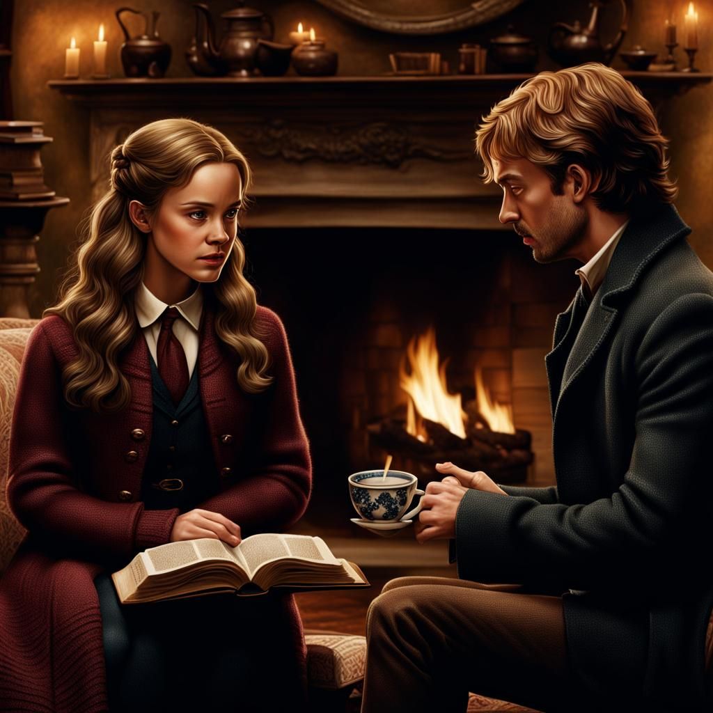 Hermione and Lupin Reading by Fireplace in Hyperrealism