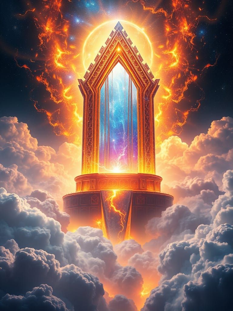 Epic Sapphire Crystal Throne Amidst Blazing Golden Clouds