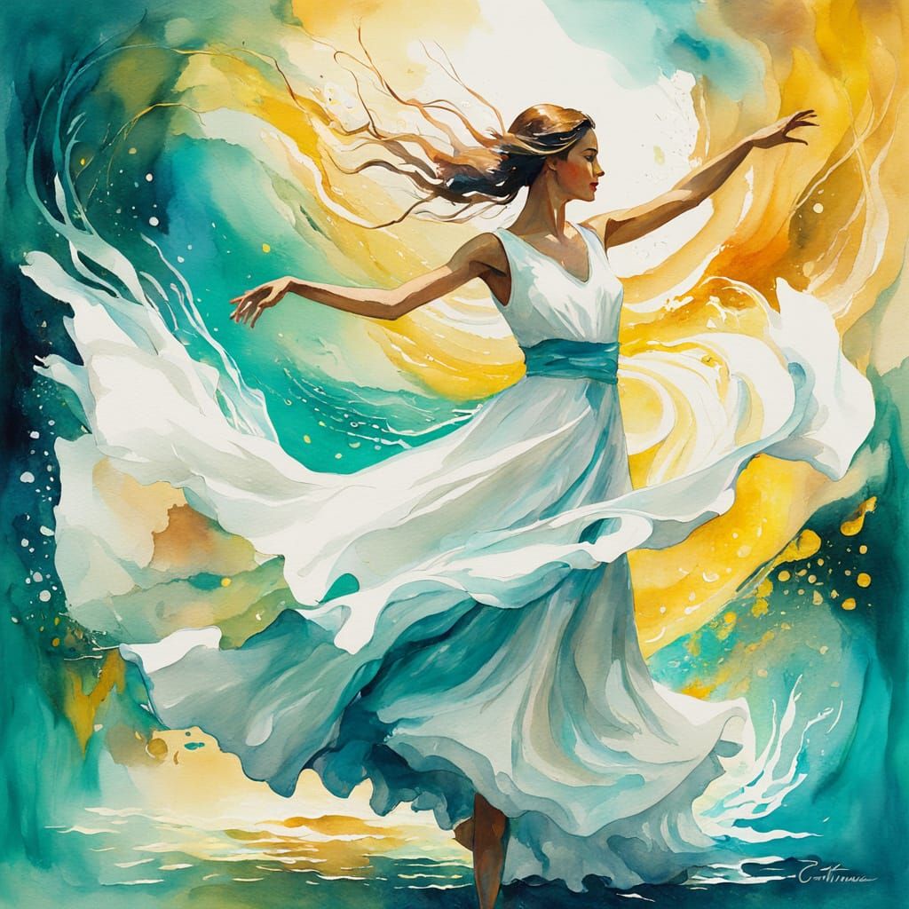 Fauvist Watercolor of Woman Dancing in Turquoise Hues