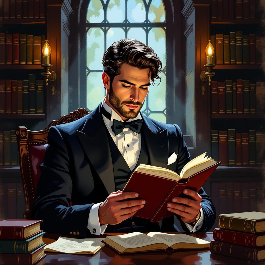 Intelligent Man Reading in Vintage Library, Gouache Painting