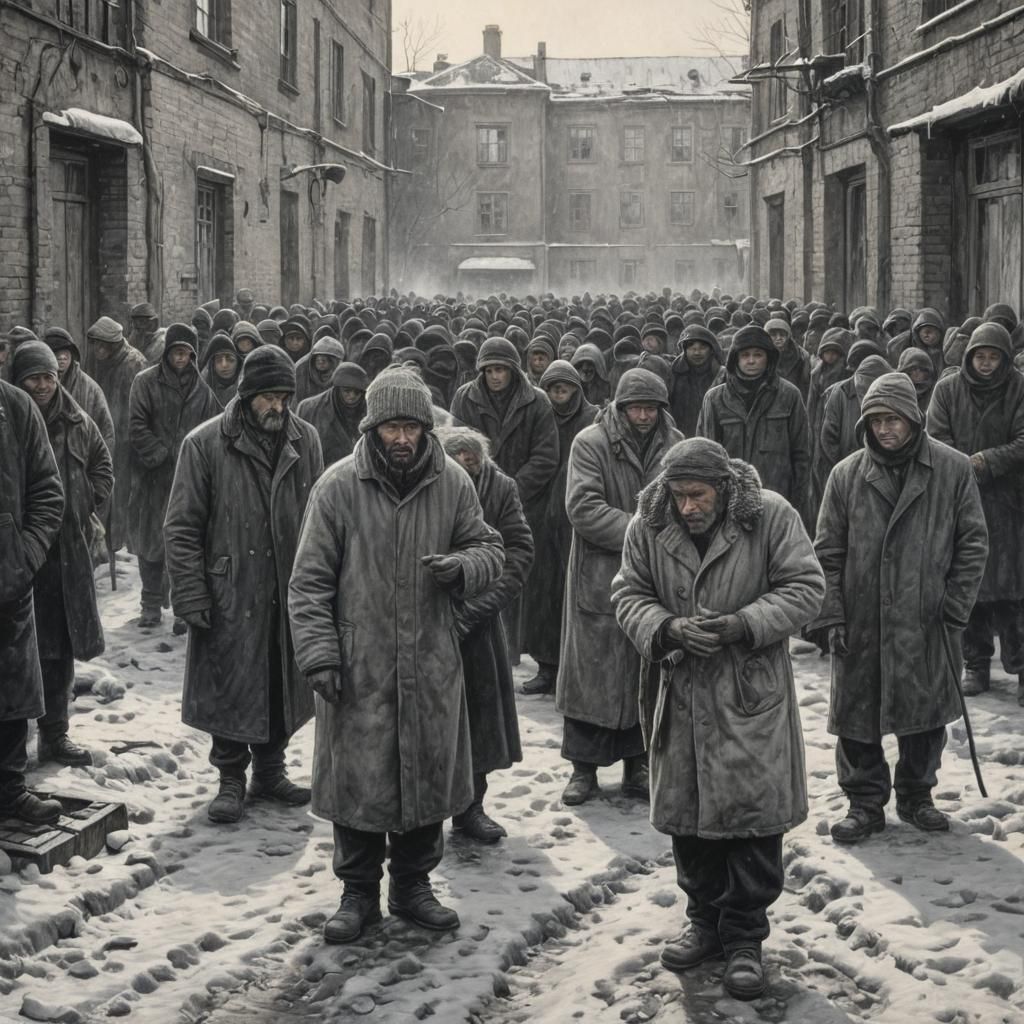 Impoverished People in Soviet Courtyard: Charcoal Drawing