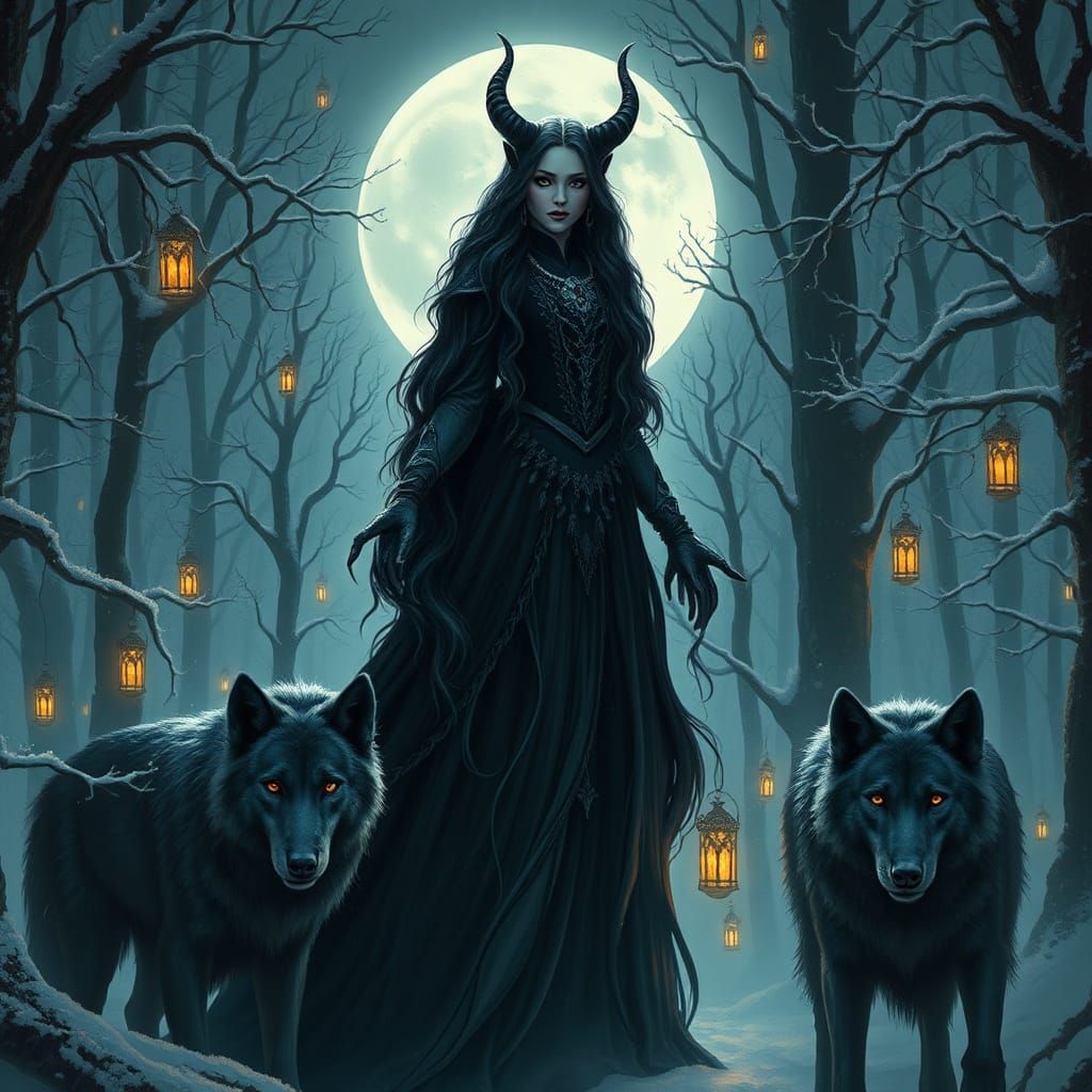Evil Elf Queen in Moonlit Forest: A Digital Illustration