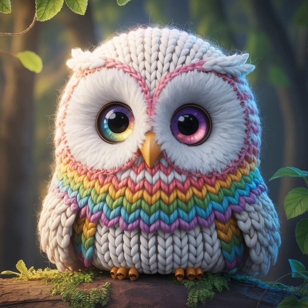 Cute Fluffy Knitted Owl with Rainbow Eyes