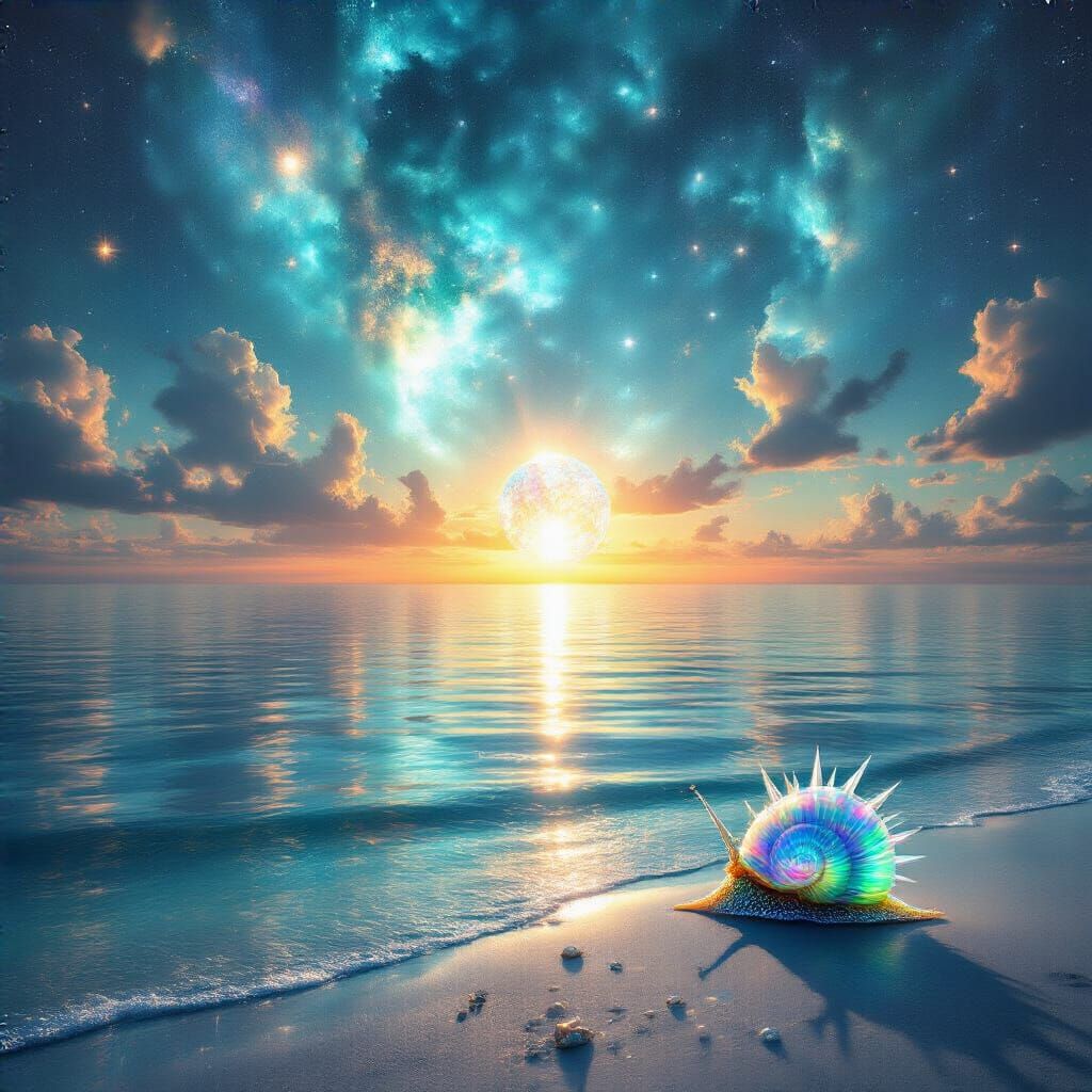 Alien Ocean Sunrise with Crystalline Sun and Nebula Sky