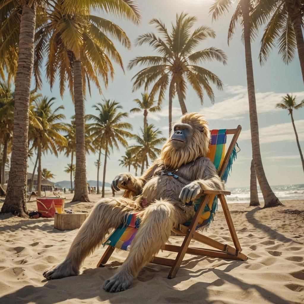 Yeti Sunbathing on Beach as Oil Painting