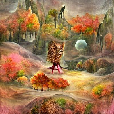 Fantasy Owl-Cat Creature in Autumn Forest