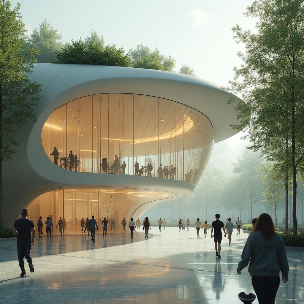 Futuristic Technology Hub with Green Roof and Glass Facade