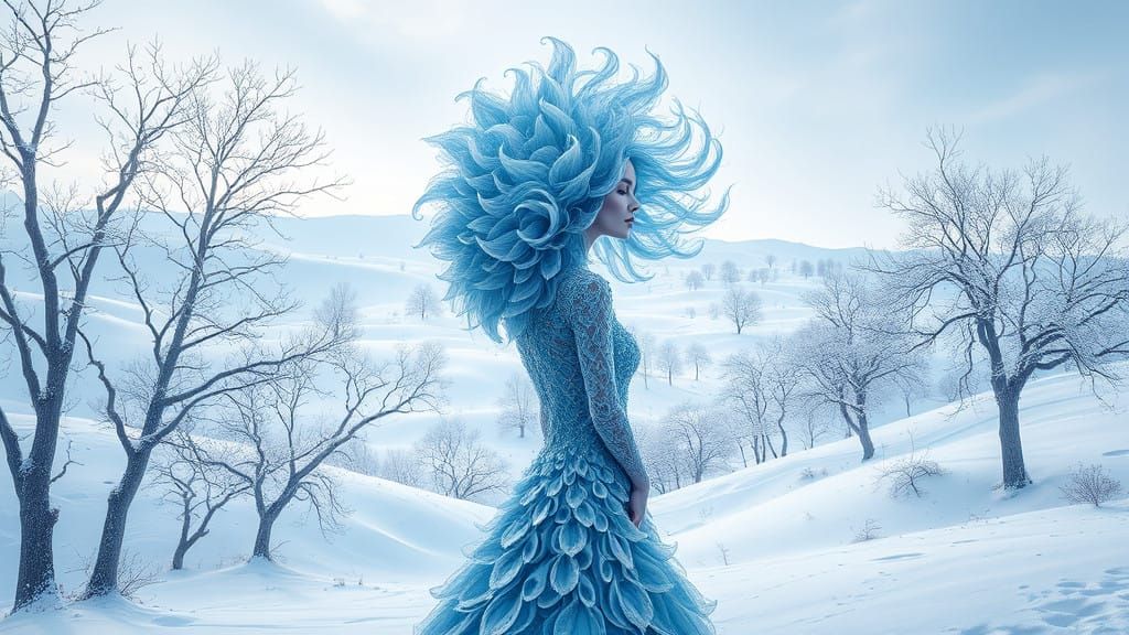 Ethereal Fractal Woman in Icy Snowscape
