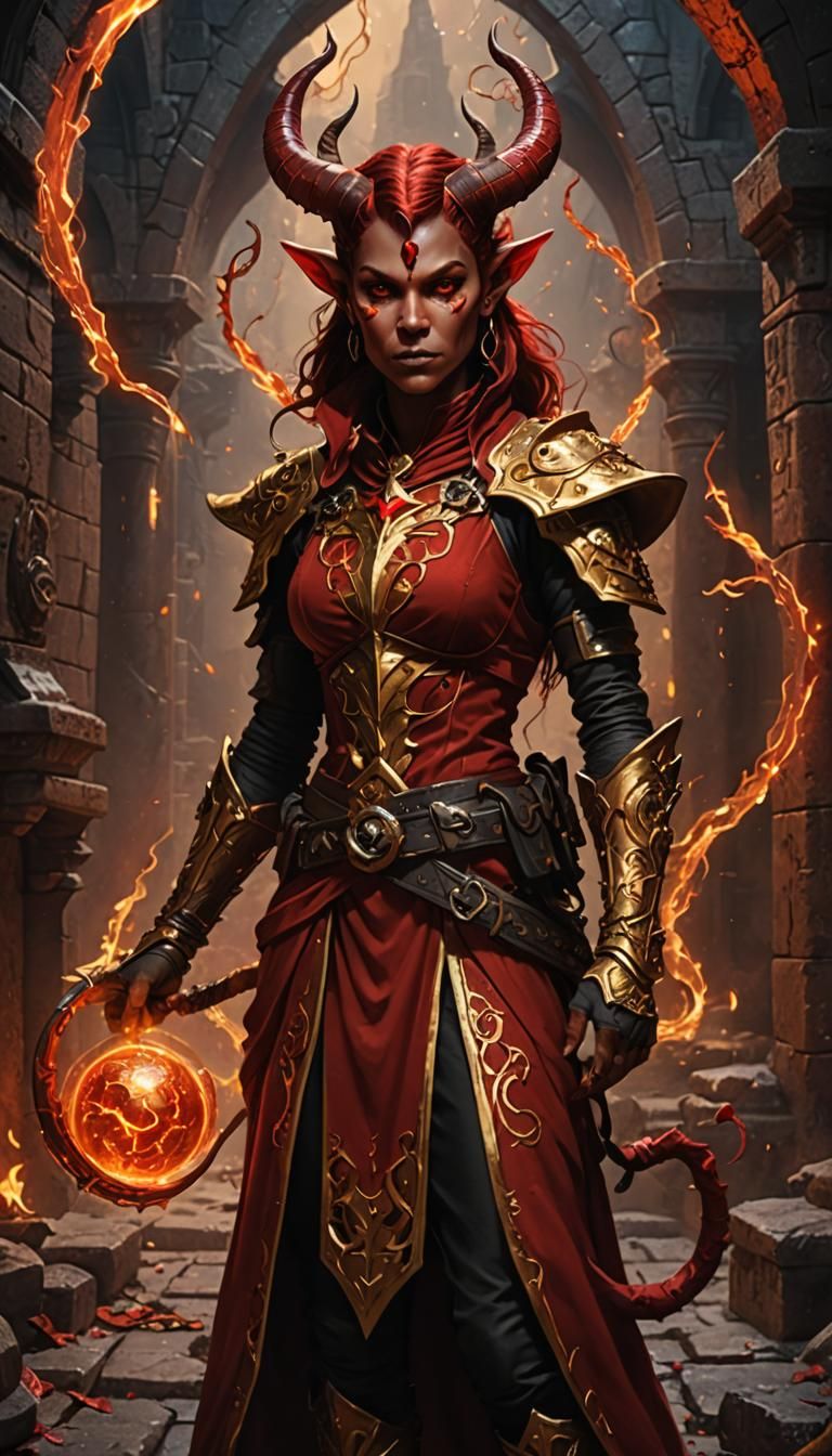 Tiefling Sorceress Casting Magic: A D&D Concept Art