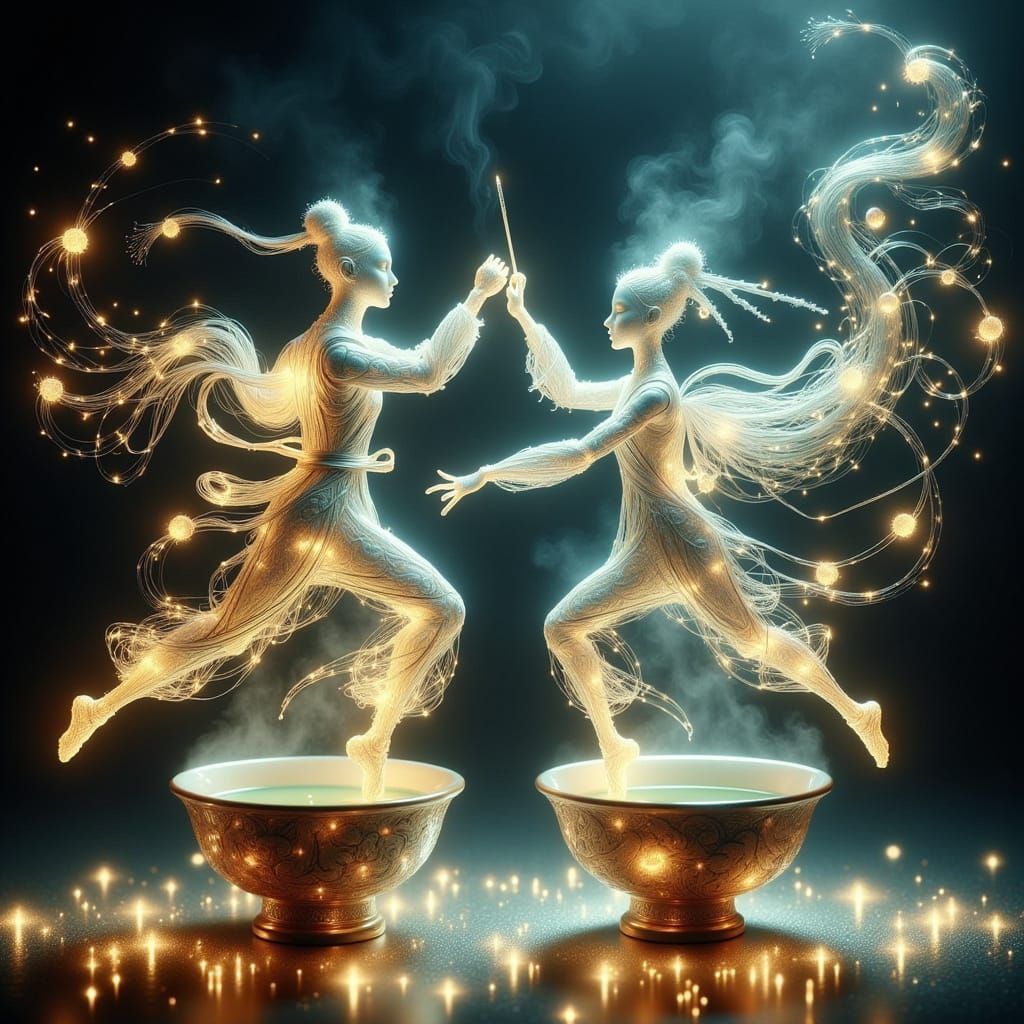 Ethereal Art Deco Wuxia Duel in Smoky Vapors