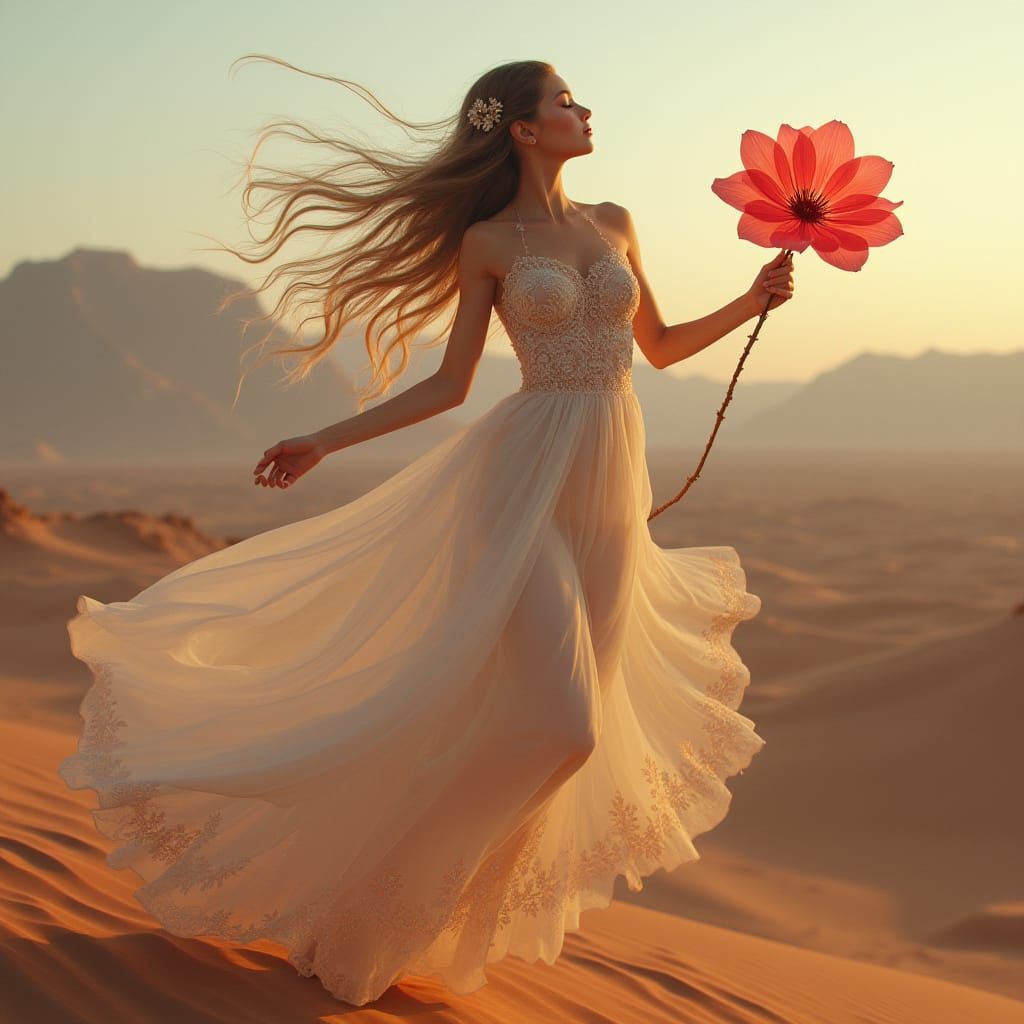 Ethereal Goddess in the Desert, Radiant with Otherworldly Li...