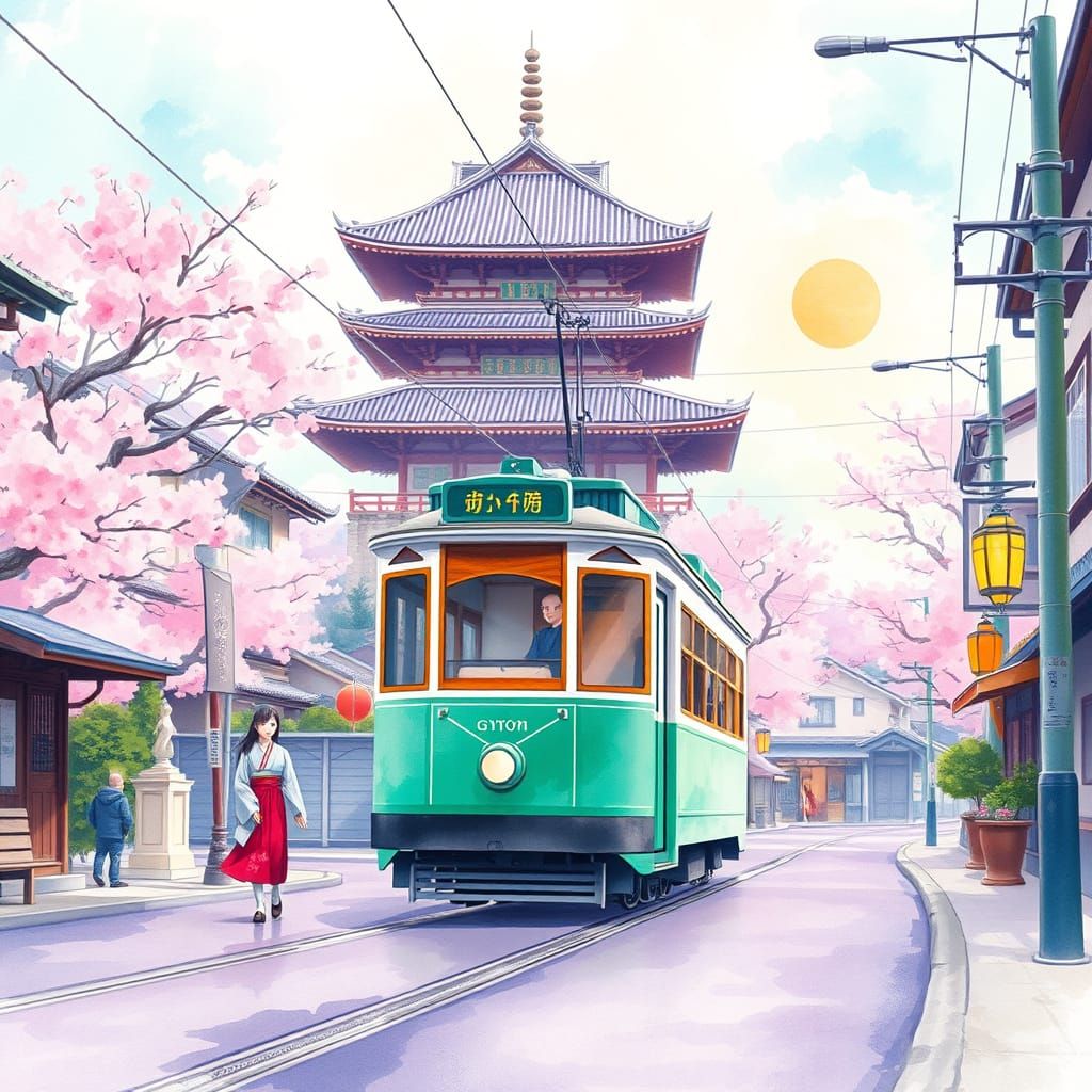 Watercolor Kyoto Landscape with Tranquil Temple and Cherry B...