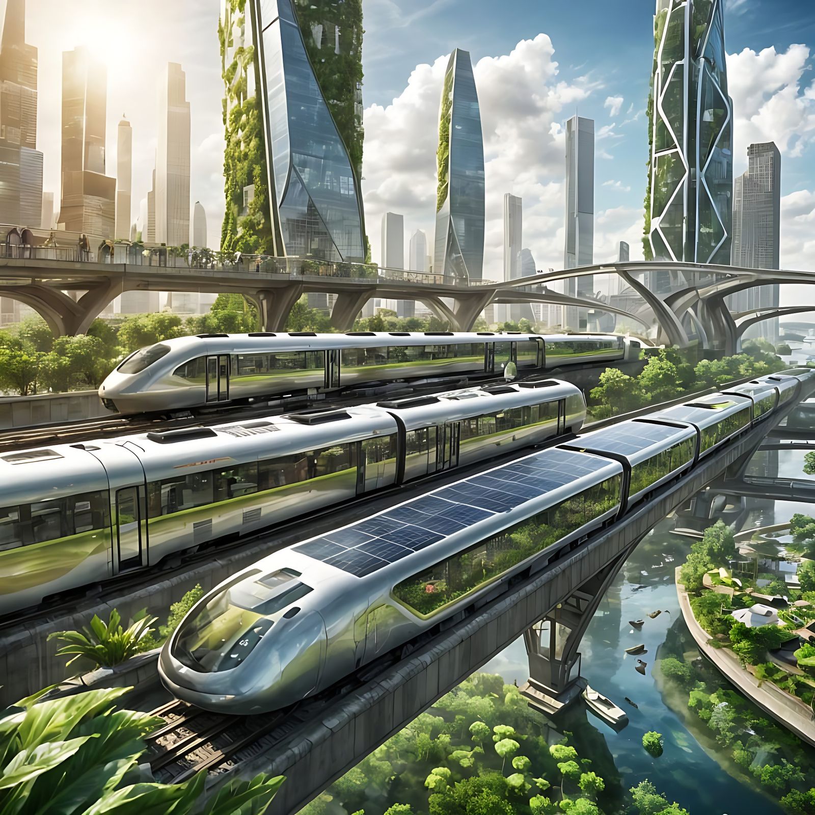 Sustainable Futuristic Cityscape with Solar-Powered Trains