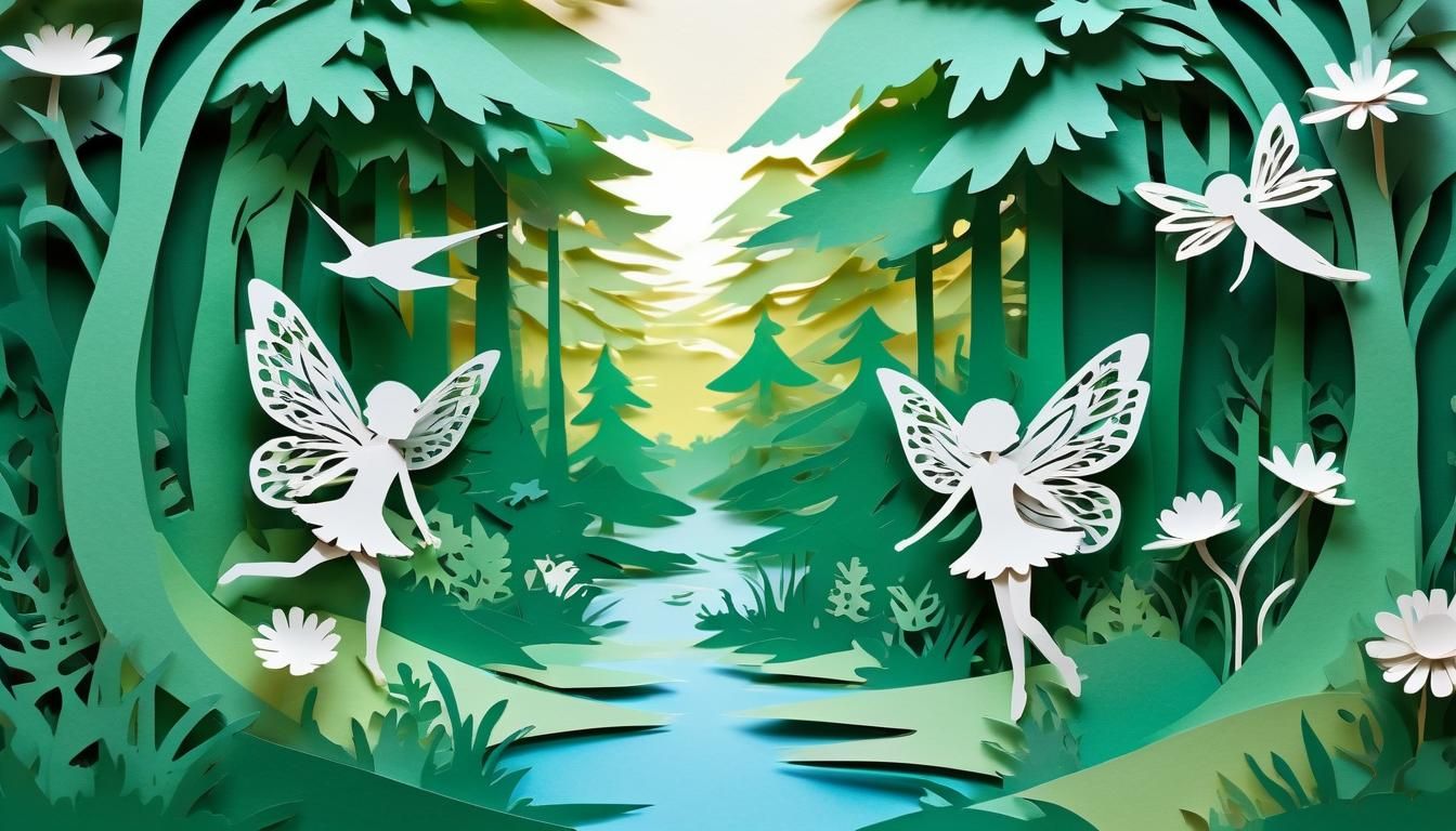 Kirigami paper art to give illustrations for story telling, by using layers and shadows to enhance the picture, of fairi...