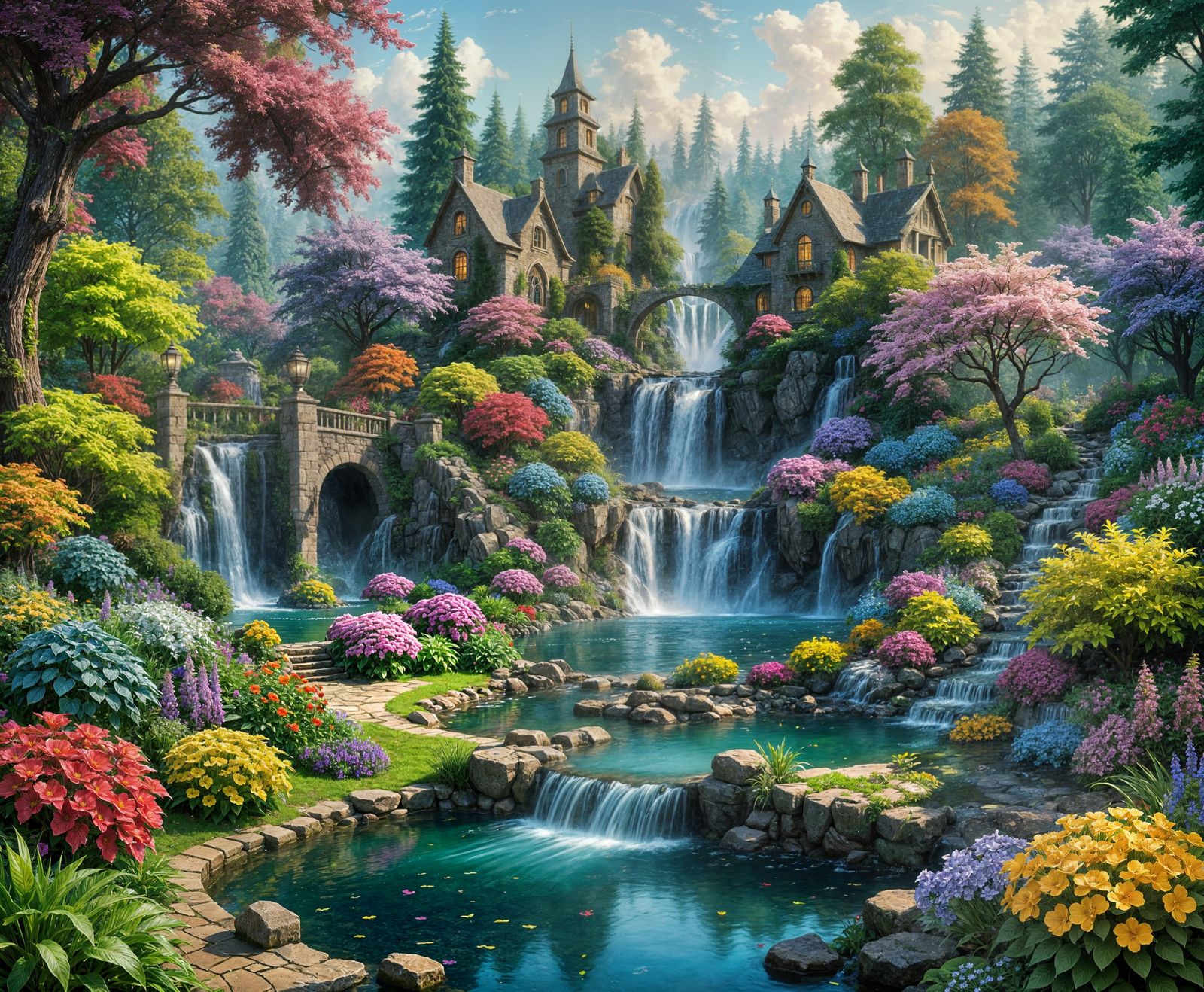 Ethereal Fantasy Garden with Waterfalls and Flowers