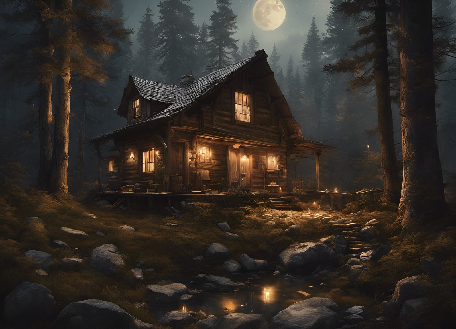 Cozy Cabin in Starry Forest: Dramatic Lighting