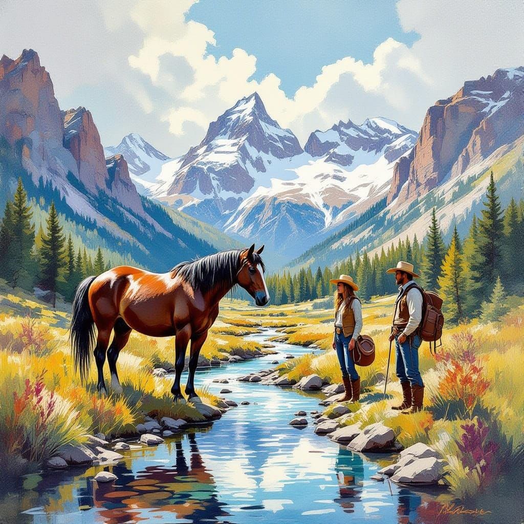 Wild Stallion and Cowboy in Mountain Stream