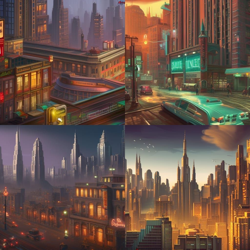 Retro Cityscape: Vintage Buildings in Detailed Matte Paintin...