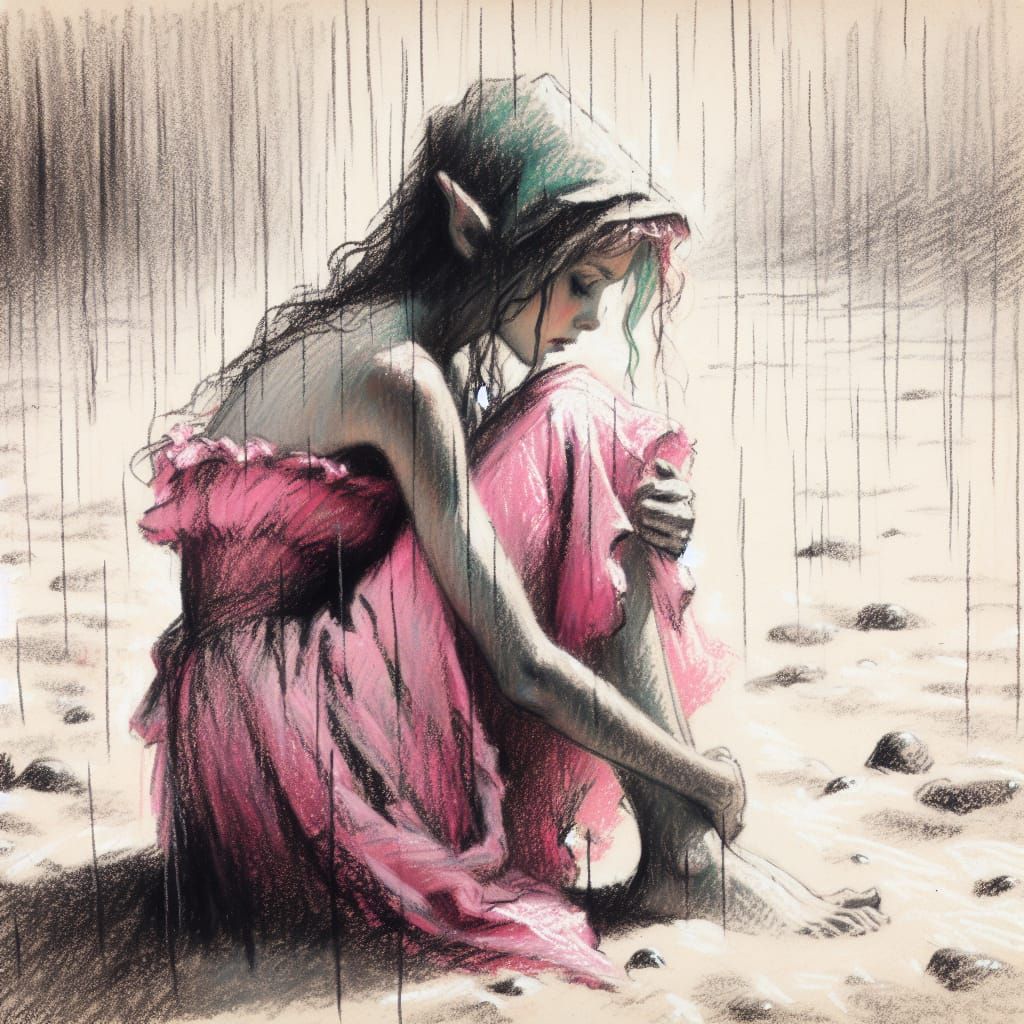 Ethereal Elf in Pink Summer Dress on Rainy Beach in Charcoal...