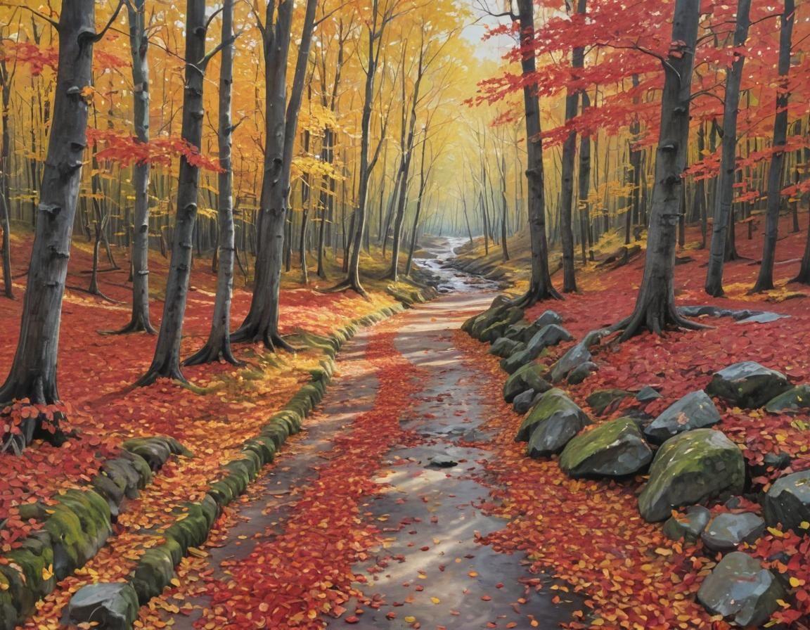 Forest Path with Deer: Impressionistic Landscape Painting