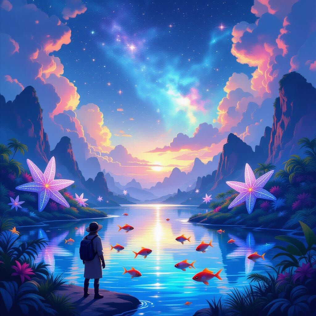 Explorer Gazes at Alien Sky Above Tropical Pond