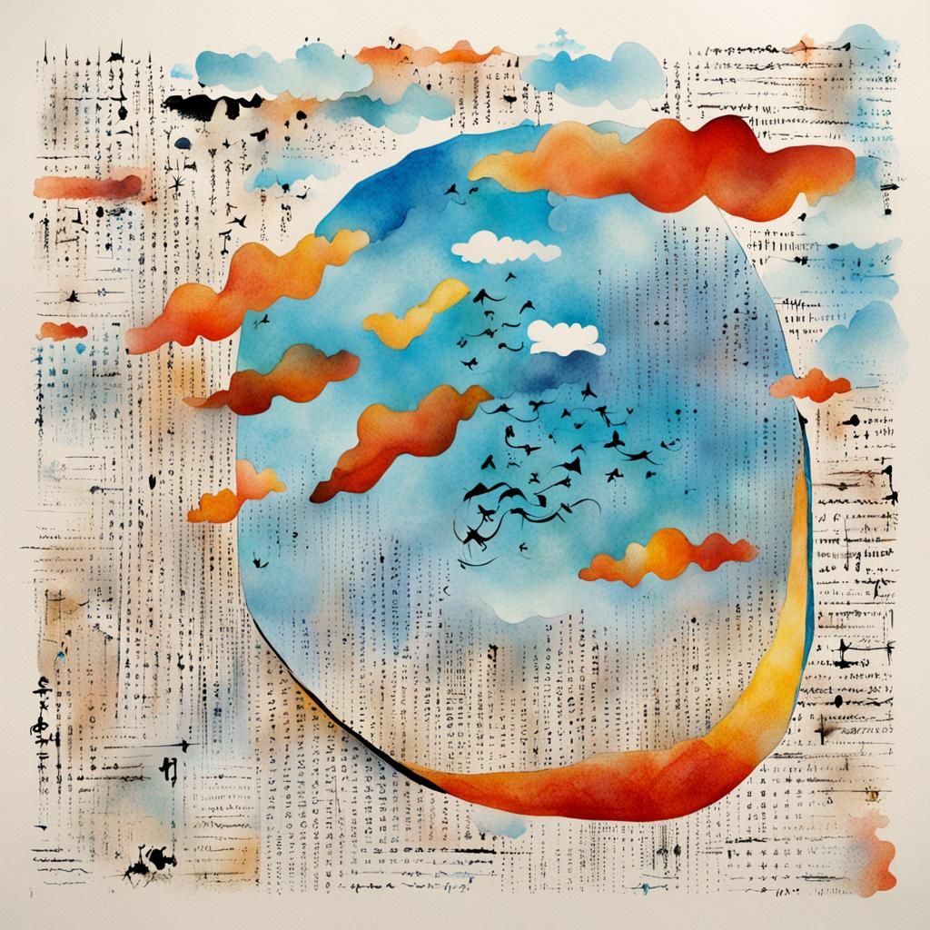 Whimsical Symbolic Sky with Asemic Typography