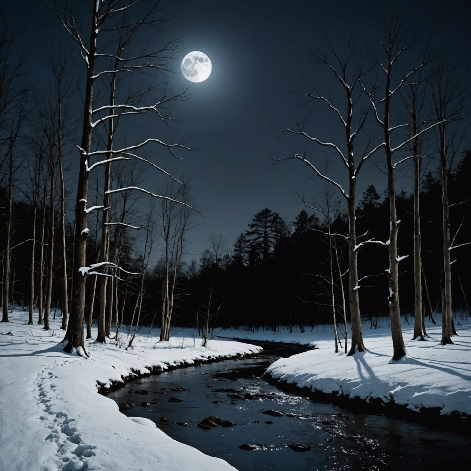 Snowy Forest Stream Under Moonlight